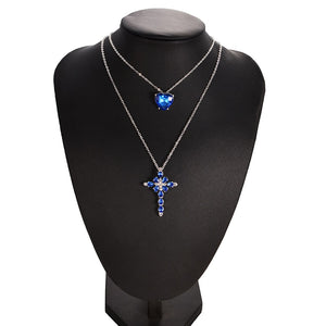 Multilayer Blue Crystal Heart Cross Pendant Necklace for Women Fashion Rhinestone Ocean Jewelry Choker Statement Valentine's Day - Victoria By Kristel