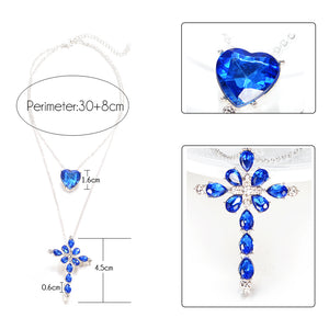 Multilayer Blue Crystal Heart Cross Pendant Necklace for Women Fashion Rhinestone Ocean Jewelry Choker Statement Valentine's Day - Victoria By Kristel